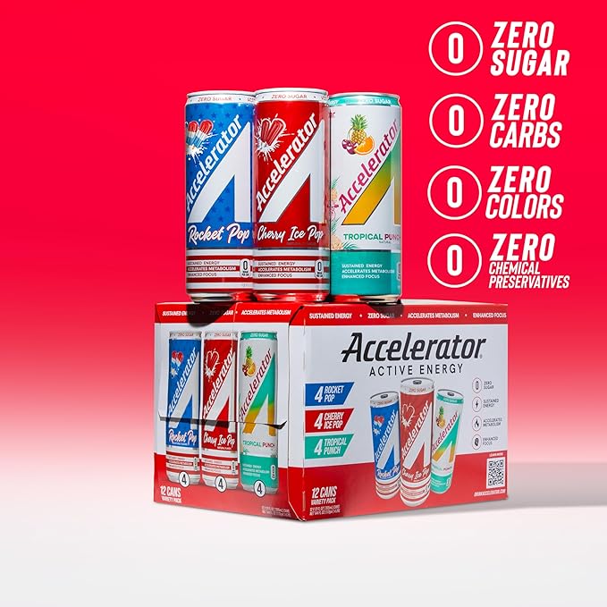 Accelerator Energy Drink Sugar Free, Variety Pack 12oz can(12 pack), Zero Sugar Energy Drinks with Sustained Energy from 100% Natural Caffeine (200mg) & Green Tea extract