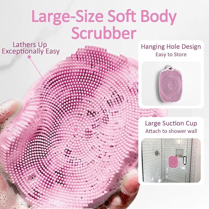 Soft Silicone Body Scrubber Gentle Like a Hand Exfoliating Your Skin and Build Up Lather Easily, Back Large Suction Cup Easy to Store, Long-Lasting & Deep Clean (Pink)