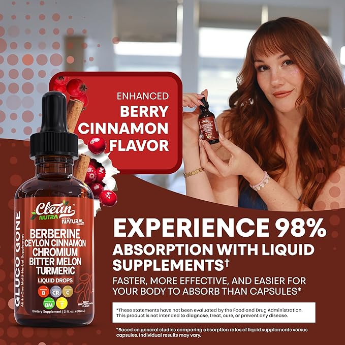Clean Nutra Berberine with Ceylon Cinnamon Supplement Liquid Drops + Bitter Melon Extract, Glucomannan, Gymnema, Chromium, Turmeric, Organic Panax Ginseng, Moringa GLP-1 Support