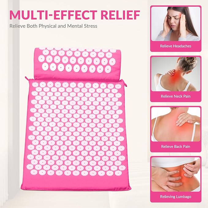 Fitvids Acupressure Mat and Pillow Set for Back/Neck Pain, Acupuncture Products to Relieve Muscle Fatigue, Improve Insomnia for Sedentary People, Acupuncture Eases Stress, Massage Mat, Pink