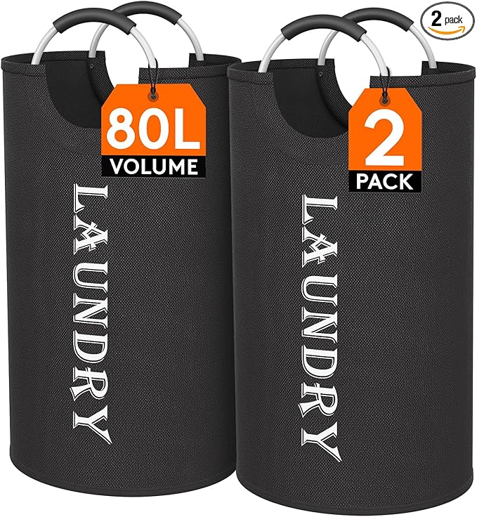 Lifewit 80L 2-Pack Large Laundry Basket, Collapsible Laundry Hamper with Aluminum Handles, Waterproof Freestanding Dirty Clothes Hampers for Laundry Room Bedroom Dorm Bathroom, Black