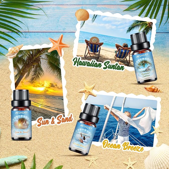 Beach Fragrance Oils Set,6 Premium Summer Essentials Oils for Diffusers for Home,Candle & Soap Making, Ocean Breeze,Hawaiian Suntan,Sun & Sand,Marine,Rock Salt & Driftwood,Seashore Stroll Scented Oil