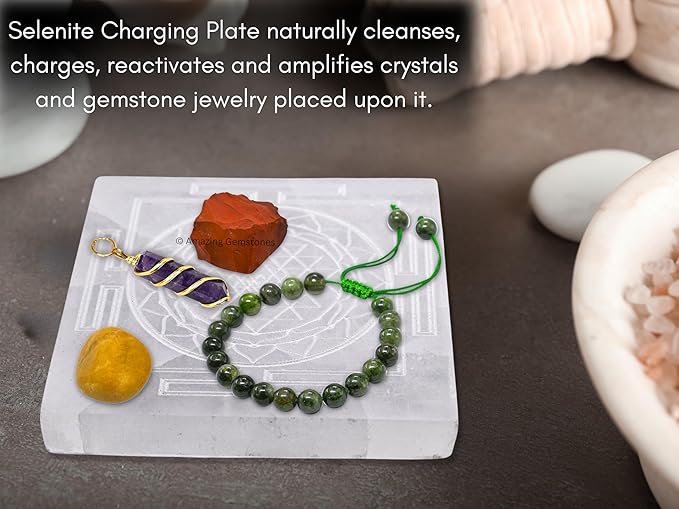 Amazing Gemstone Selenite Crystal Charging Plate For Crystals And Healing Stones, 3" Selenite Crystal Plate Engraved Shree Yantra Coaster For Home, Office Table Decor (Selenite Square)