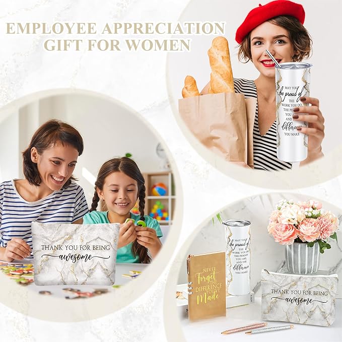 Domensi 6 Pcs Employee Appreciation Gift Set for Women Female Thank You Gift May You Be Proud 20 oz Rustic Marble Sign Tumbler Makeup Bag Journal for Teacher Nurse Lady Work Business(White)