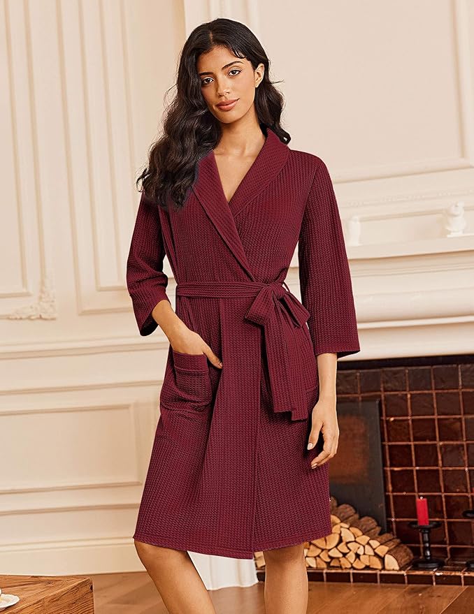 Ekouaer Robes for Women Waffle Knit Bathrobe Lightweight Kimono Robe Knee Length Loungewear with Pockets