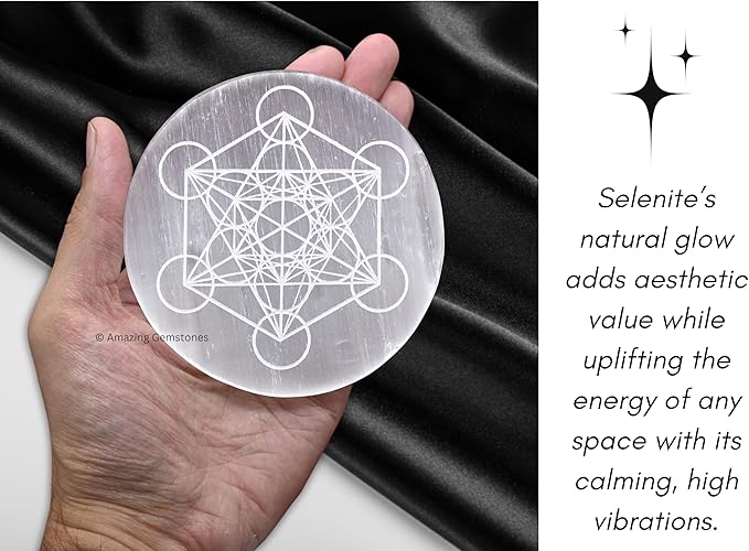 Amazing Gemstone Selenite Crystal Charging Plate For Crystals And Healing Stones, 3" Selenite Crystal Plate Engraved Metatron Coaster For Home, Office Table Decor (Selenite Round Disc)