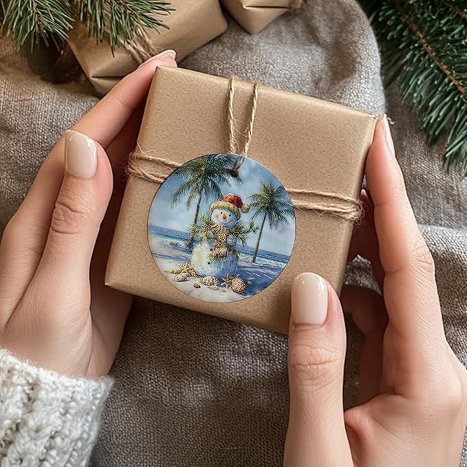 Coastal Summer Christmas Ceramic Ornament Gifts, Ocean Beachy Snowman Christmas Decorative Hanging Ornaments for Xmas Tree Holiday Party Decoration, Coastal Beach Xmas Tree Decorations