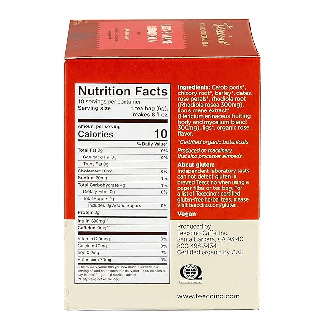 Teeccino Caffeine-Free Mushroom Adaptogenic Herbal Tea - Lion’s Mane Rhodiola Tea - Rose, 3x More Herbs than Regular Teas, Lightly Sweet from Dates & Figs, Chicory Prebiotic - 10 Tea Bags