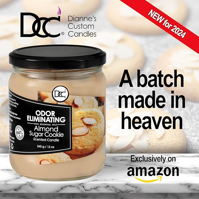 Almond Sugar Cookie Odor Eliminating Highly Fragranced Candle - Eliminates 95% of Pet, Smoke, Food, and Other Smells Quickly - Up to 80 Hour Burn time - 12 Ounce Premium Soy Blend