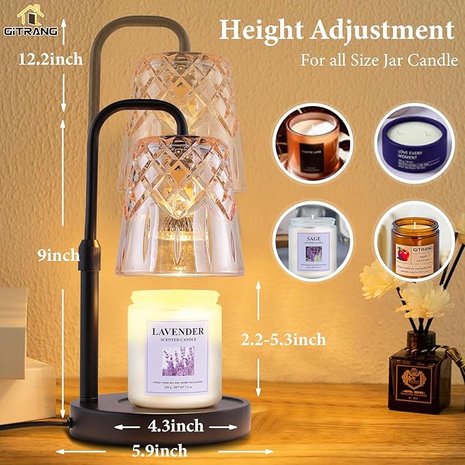 Candle Warming Lamp with Timer Dimmer, Adjustable Height Electric Wax Melt Warmer for Jar Candles with 3 Bulbs, Mother's Day Women's Home Decor Gift, Round Base with Black Pole