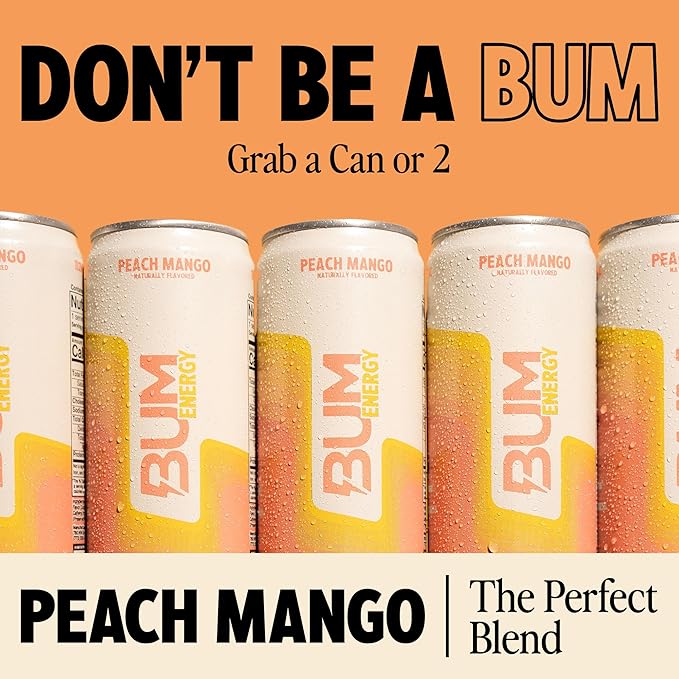 BUM Sugar-Free Energy Drink, Peach Mango - Lightly Carbonated & No Artificial Colors, Natural Caffeine & Citicoline for Energy & Focus, Brain Boost & Workout Sports Beverage - 12 oz, Pack of 12