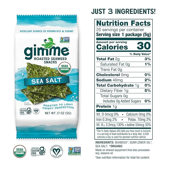 gimMe Organic Roasted Seaweed Sheets, Sea Salt, Keto, Vegan, Gluten Free, Great Source of Iodine and Omega 3’s, Healthy On-The-Go Snack for Kids & Adults, #1 Sea Salt, 0.17 Ounce (Pack of 40)