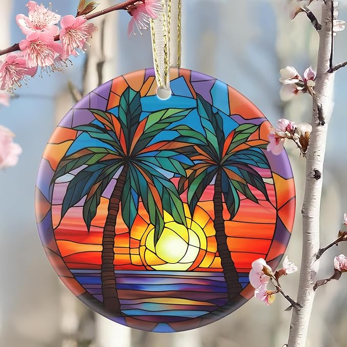 Christmas Ornament - Round Ceramic Decor - Christmas Hanging Decor - Christmas Tree Decorations - Christmas Tree Ornaments - Gifts Exchange (Retro Beach)