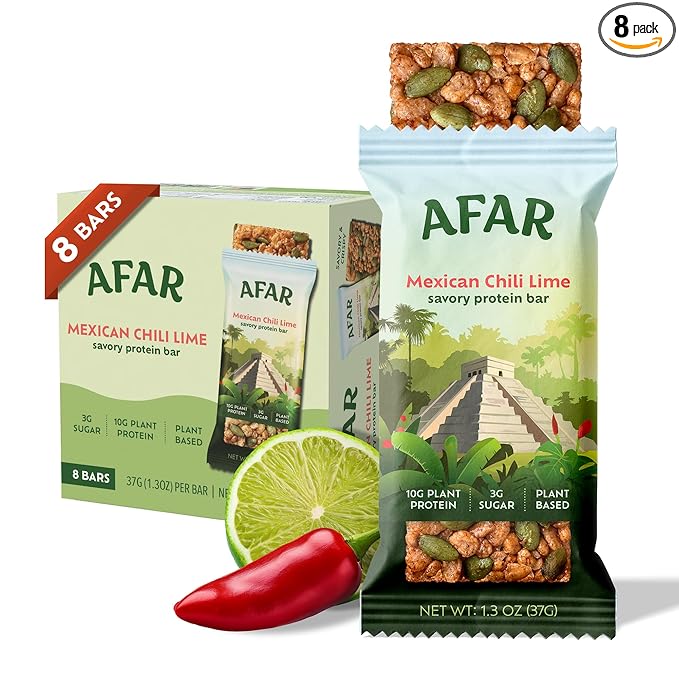 Afar Savory Protein Bars – Low Sugar, High Protein – Healthy Snacks for Adults – Meal Replacement Bar – Rice Crispy Texture – Vegan, Gluten Free (8 Bars, Mexican Chili Lime)