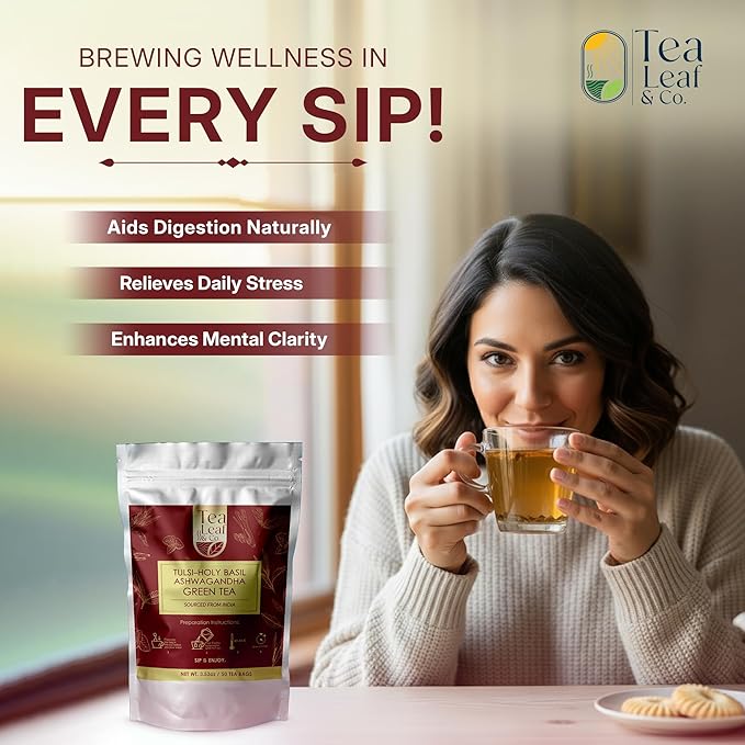 Tulsi Ashwagandha Green Tea Bags (50 Count), Green Tea with Tulsi, Ashwagandha, Lemongrass and Black Pepper, Caffeinated, Real and Natural Green Tea, Blended with Fresh Herbs and Spices, Gluten Free