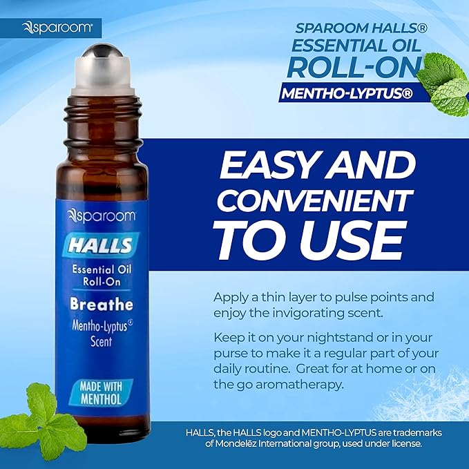 Halls Breathe Essential Oil Roll On Mentho-Lyptus – Refreshing Menthol and Eucalyptus Blend for Focus and Breathing Support, On-The-Go Wellness Aroma, 10mL Non-Greasy Skin Formula