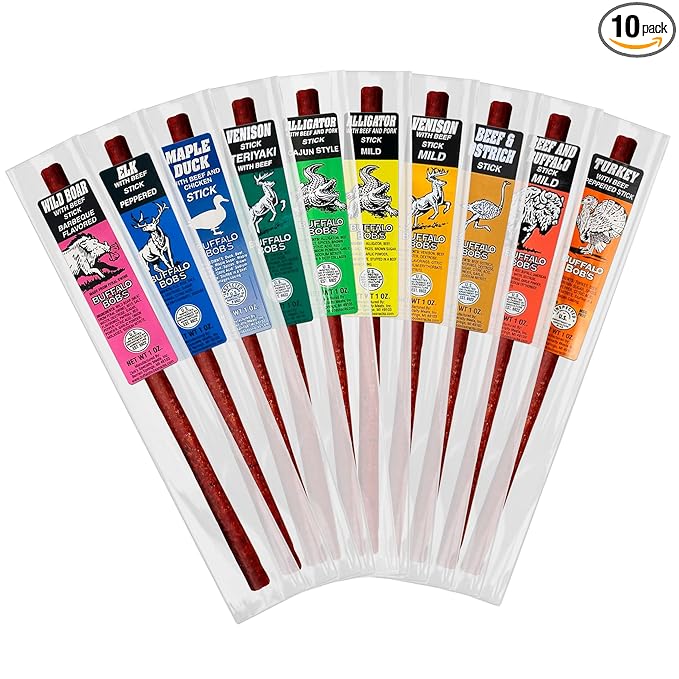 Buffalo Bob's Wild Game Meat Snacks (1oz Stick, 10 Pack) Exotic Variety Assortment Sampler, Gift for Men/Dad, Stocking Stuffer, Adventure Enthusiast