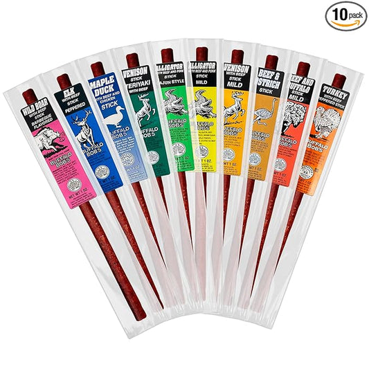 Buffalo Bob's Wild Game Meat Snacks (1oz Stick, 10 Pack) Exotic Variety Assortment Sampler, Gift for Men/Dad, Stocking Stuffer, Adventure Enthusiast