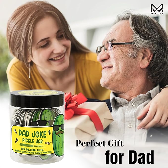 Dad Joke Jar, 60 Funny Dad Jokes in a Pickle Jar Gift for Dad, Gag Gifts for Men, Hilarious from Kids, Teens or Wife, Birthday for Him