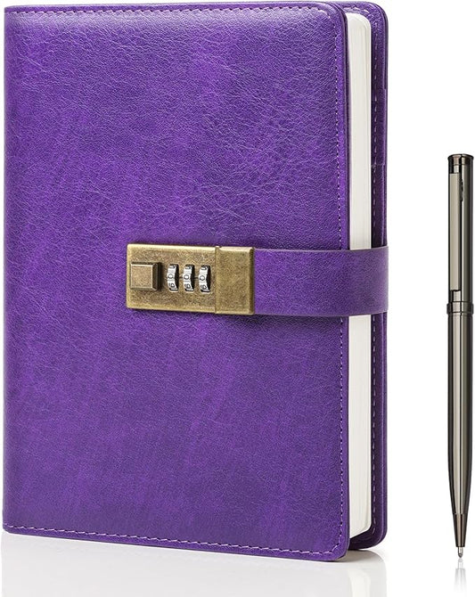 WEMATE Diary with Lock, A5 PU Leather Journal with Lock 240 Pages, Vintage Locks Journal Password Notebook with Pen, Locks Diary Planner Organizer for Men and Women, 8.6x5.8in