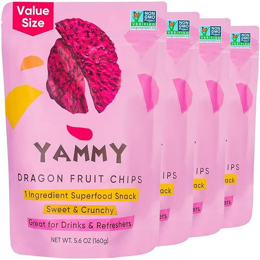 Yammy Dried Dragon Fruit Chips for Drinks Refreshers (5.6oz Pack of 4) - Like Freeze Dry Dragonfruit Pieces - 1 Ingredient Healthy Snack for Adults & Kids - 2g Protein, 4g Fiber, Gluten Free Vegan