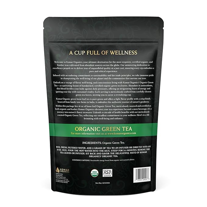 Komar Organics Loose Leaf Green Tea – 16Oz USDA Organic for Energy Boost, Antioxidants – Certified Kosher Delicate Flavor Assam Tea Organic Tea Leaves Ideal for Morning, Afternoon