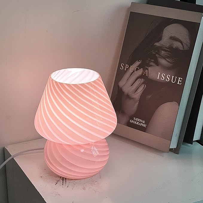 jonong Bedside Lamp Glass Striped Mushroom Table Lamp 110V Creative Gift Night Light (Pink)