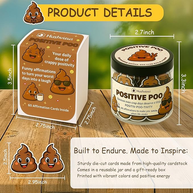 Positive Poo Affirmation Jar – 60 Funny Affirmation Cards, Uplifting Daily Positivity Jar, Cute Gag Gifts for Women, Teens, Men, Unique Self-Care Inspirational Gifts, Birthday & Office Decor