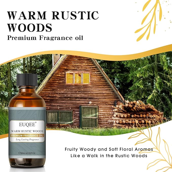 EUQEE Warm Rustic Woods Fragrance Oil Premium Fragrance Essential Oil 60ml with Glass Dropper for Diffuser, DIY Soap, Candle Making(2.02 Fl oz)