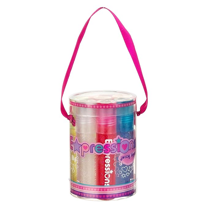 EXPRESSIONS 8pc Roller-Ball Glitter Lip Gloss Set, 8 Assorted Fruit Flavored Roll On Rollerball Lip Gloss for Kids, Safe, Non Toxic Kids Makeup Set