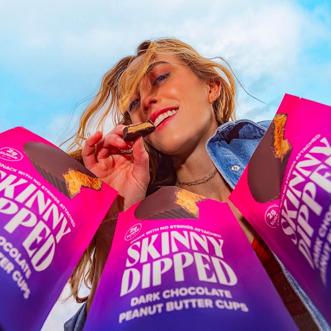 SkinnyDipped Dark Chocolate Peanut Butter Cups, 2g Sugar per Cup, Keto Friendly, Low Carb, Gluten Free, 3.2oz, 4 Pack (24 Cups Total)