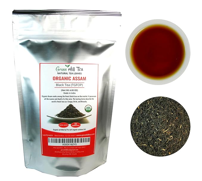 Greenhilltea, Organic Assam (TGFOP) Black teaWith Tippy and Flowery premium loose leaves tea packed in resealable zip lock foil bag 4 OZ