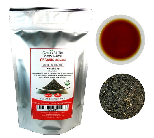 Greenhilltea, Organic Assam (TGFOP) Black teaWith Tippy and Flowery premium loose leaves tea packed in resealable zip lock foil bag 4 OZ