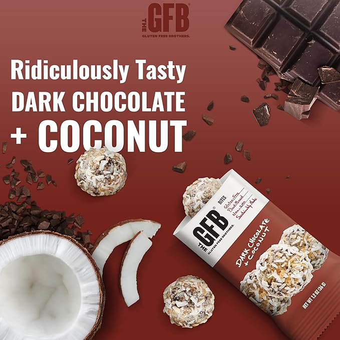 The GFB Dark Chocolate Coconut Protein Bites - Gluten Free, Plant Based, Non GMO, Sustainably Made – Ridiculously Tasty, Healthy, Vegan, Protein Energy Balls, 1.2 oz (10 count)