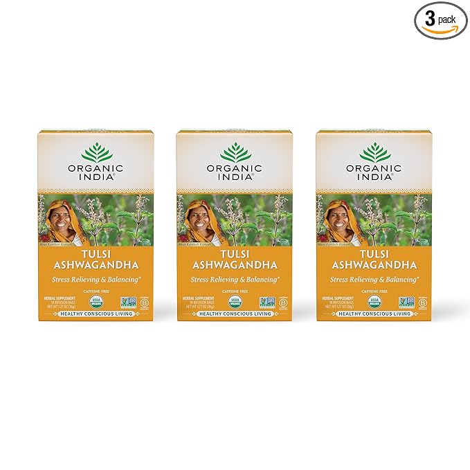 ORGANIC INDIA Calming Tulsi Ashwagandha Herbal Tea - Holy Basil Tea with Ashwagandha Root, Supports Restful Sleep - Adaptogen, Vegan, USDA Certified Organic, Non-GMO - 18 Infusion Bags, 3 Pack