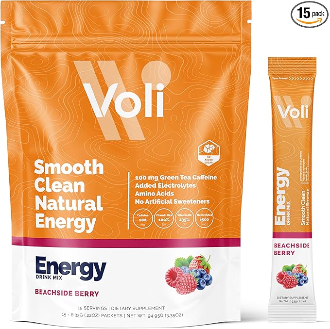 Voli Energy Drink Mix Packets | Natural Pre-Workout Powder with Green Tea Caffeine & B Vitamins, Amino Acids & Electrolytes for Sustained Focus, Hydration & Clean Energy | No Added Sugar, 15-Count