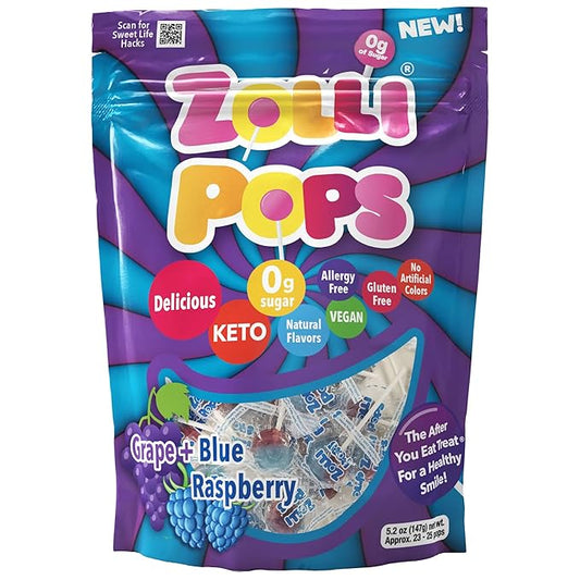 Zollipops Clean Teeth Pops Sugar Free Candy with Xylitol, Dye-Free Lollipops - Keto & Diabetic-Friendly, Dentist-Approved Treats for Kids (Blue Raspberry-Grape, 5.2 oz)
