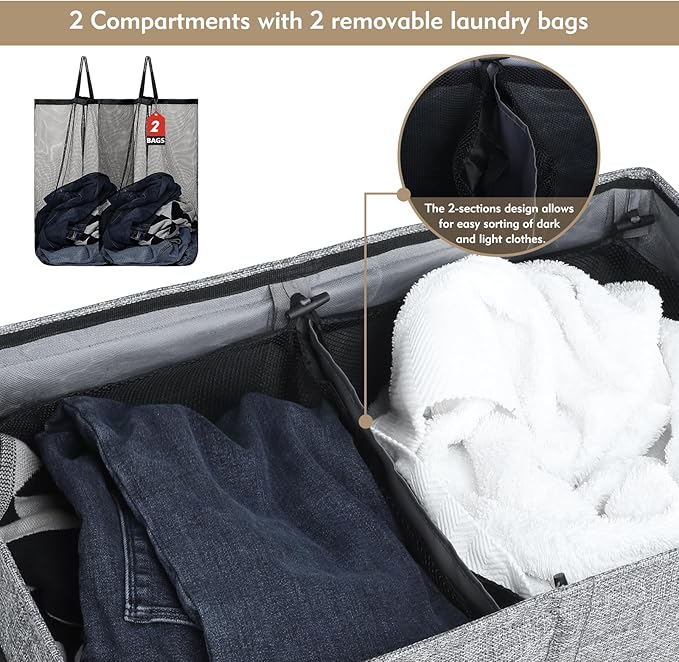 DOKEHOM 150L Double Laundry Basket with Lid and Removable Laundry Bags, Large Collapsible Laundry Hamper with 2 Sections for Bedroom, Bathroom, Laundry Room, Colloge (Grey)