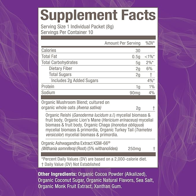 OM MUSHROOM SUPERFOOD Hot Chocolate Blend Mushroom Powder, Single Serve, 10 Count, Dutch Cocoa, 2g of Sugar, 25 Calories, Lion's Mane, Reishi, Chaga, Turkey Tail, Focus and Stress Support