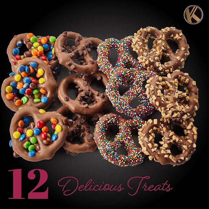 KREMERY Creamy Chocolate Cravings - Diwali Sweets Hamper Chocolate Covered Pretzel Twists Gift Basket, in Brown Gift Box (12 Pretzels, Assorted Sweet Toppings) Food Arrangement