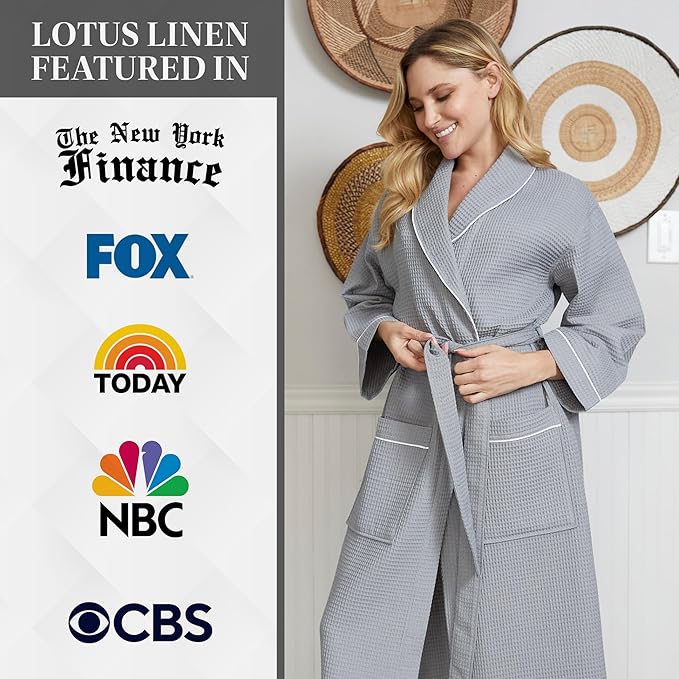 Lotus Linen Waffle Robes for Women - Lightweight Cotton Kimono Bathrobe - Long Soft Spa Bath Robe
