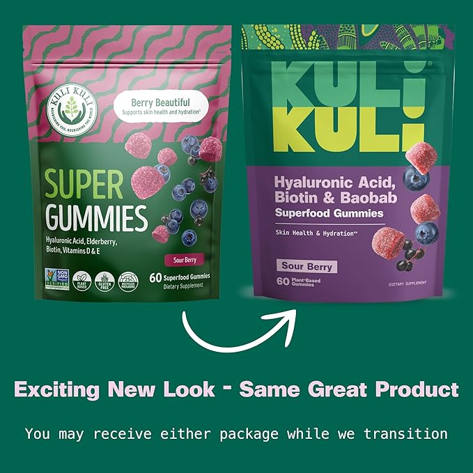 Kuli Kuli Super Gummies - Skin Supplements with Baobab, Elderberry, and Biotin - Helps Support Skin Health - 60 Non-GMO, Gluten-Free Gummies