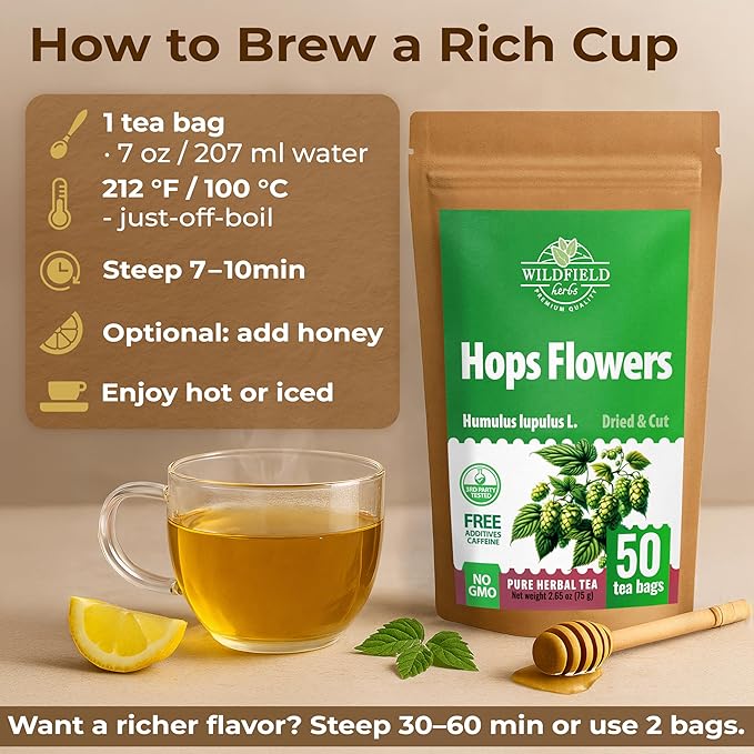 50 Bags Hop Tea Hops Herb Dried Hops Flowers Herbal Tea (Humulus Lupulus) - 50 Count 1.5g Bags Hoptea Lupulo Entero