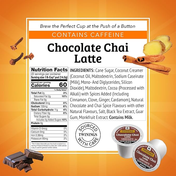 NEW Twinings Chocolate Chai Latte Tea K-Cup Pods for Keurig, 22 Count (Pack of 1), Velvety Smooth Cocoa with Real Spiced Tea, Caffeinated, Enjoy Hot or Iced