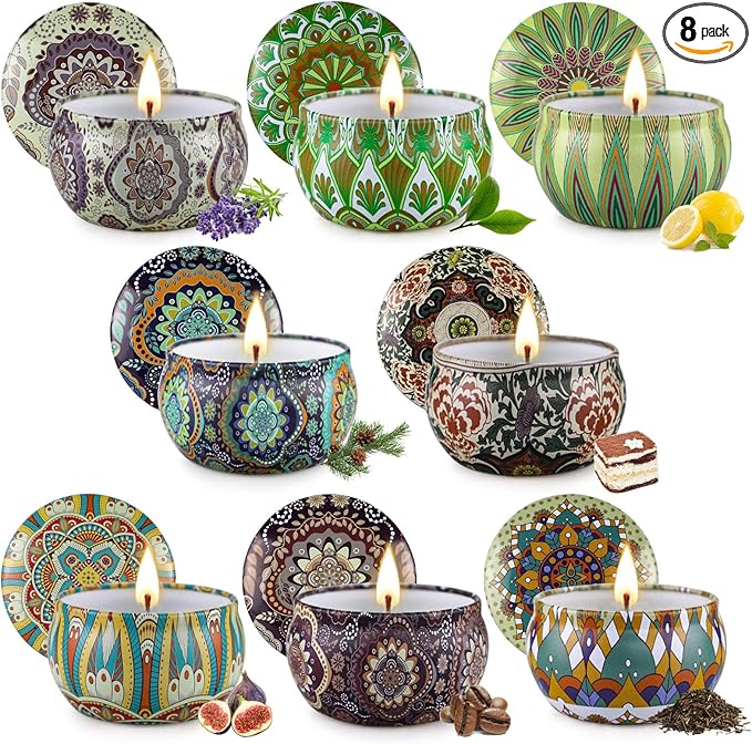 Scented Candles Set, 8 Pack Aromatherapy Candle, Stress Relief & Body Relaxation, 160H Burning, Portable Travel Tin, Candles for Home Scented, Ideal for Yoga, Meditation, Bath, Valentines Day Gifts