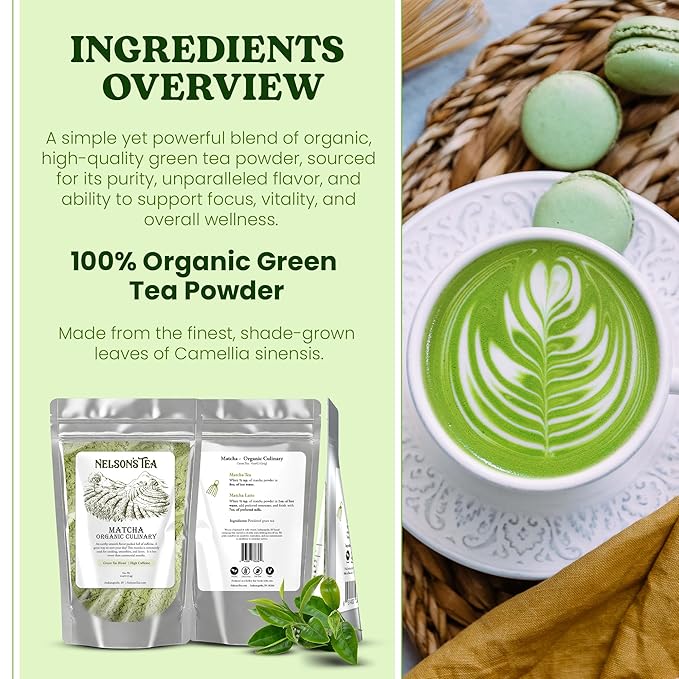 Nelson's Tea Organic Matcha Powder – Premium Culinary Grade Green Tea for Lattes, Smoothies & Cooking – Versatile, Antioxidant-Rich Powder Ideal for Healthy Recipes, Baking & Beverages – 4 oz
