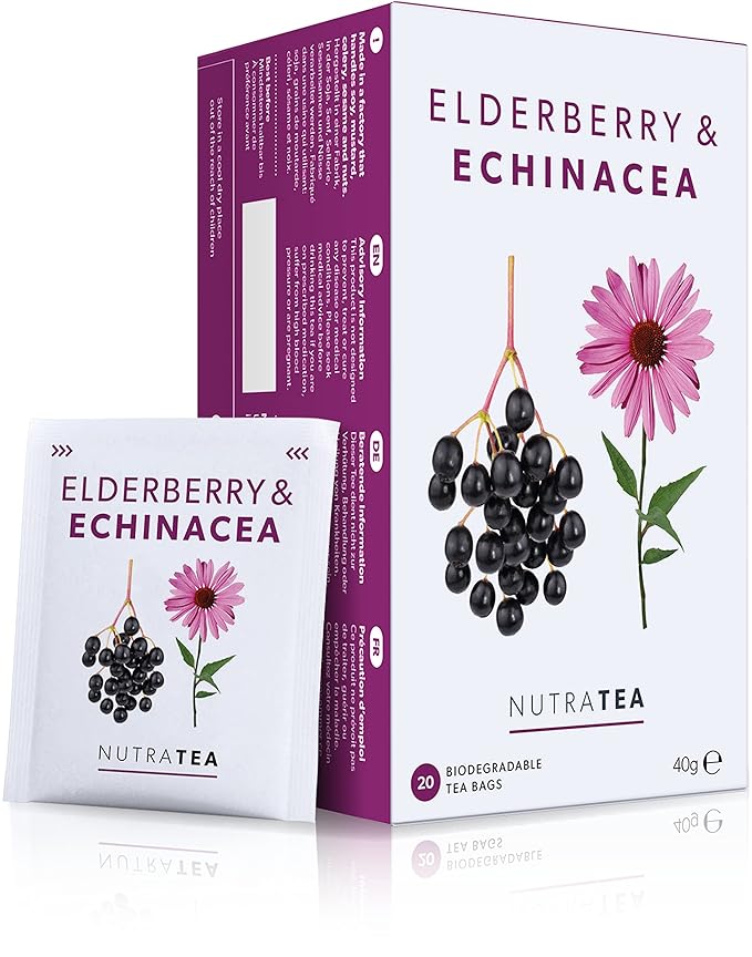 Nutra Tea - Elderberry & Echinacea Tea | Elderberry Tea - Immunity Teas | Immune Teabags - 20 Individually Wrapped Bags - Herbal Teas - (1 Pack)