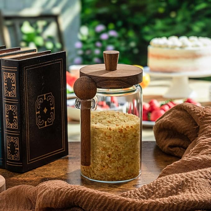 Suclain 2 Set Glass Bath Salts Jar with Wooden Lids and Scoop Bath Salt Container Food Airtight Storage Containers for Sugar Coffee Bean Candy Spice, 26oz