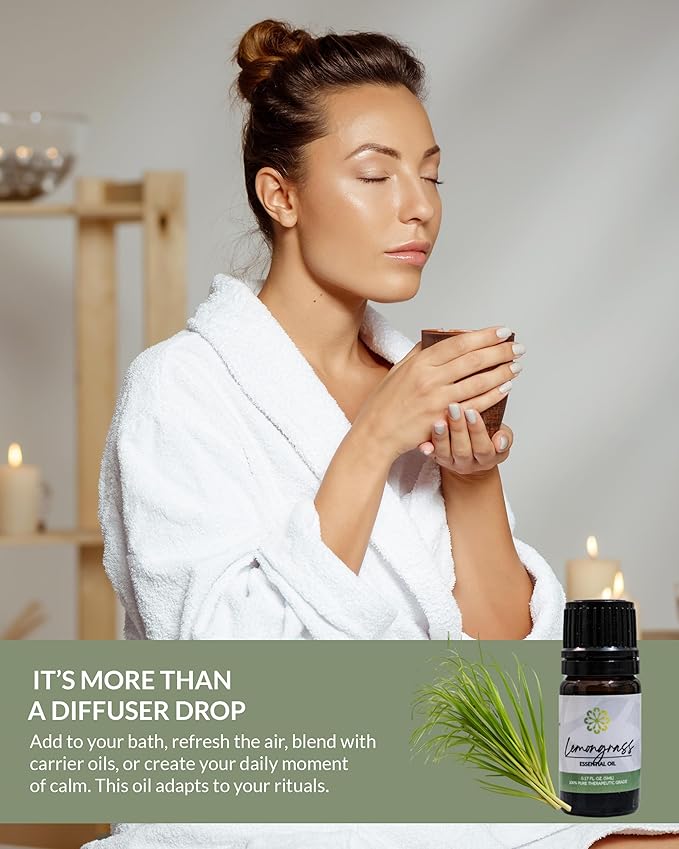Essence Lemongrass Essential Oil – Pure & Therapeutic Grade – Perfect for Aromatherapy, Diffusers & Recharging Essence Nasal Diffuser Rings – Natural Stress & Mood Support (5mL)