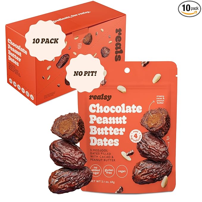 Realsy Chocolate Peanut Butter Filled Medjool Dates, Organic Dates with No Sugar Added, Gluten-Free, Vegan, Good Source of Fiber, Low Glycemic Index, All Natural Healthy Snack, (10 Pack)